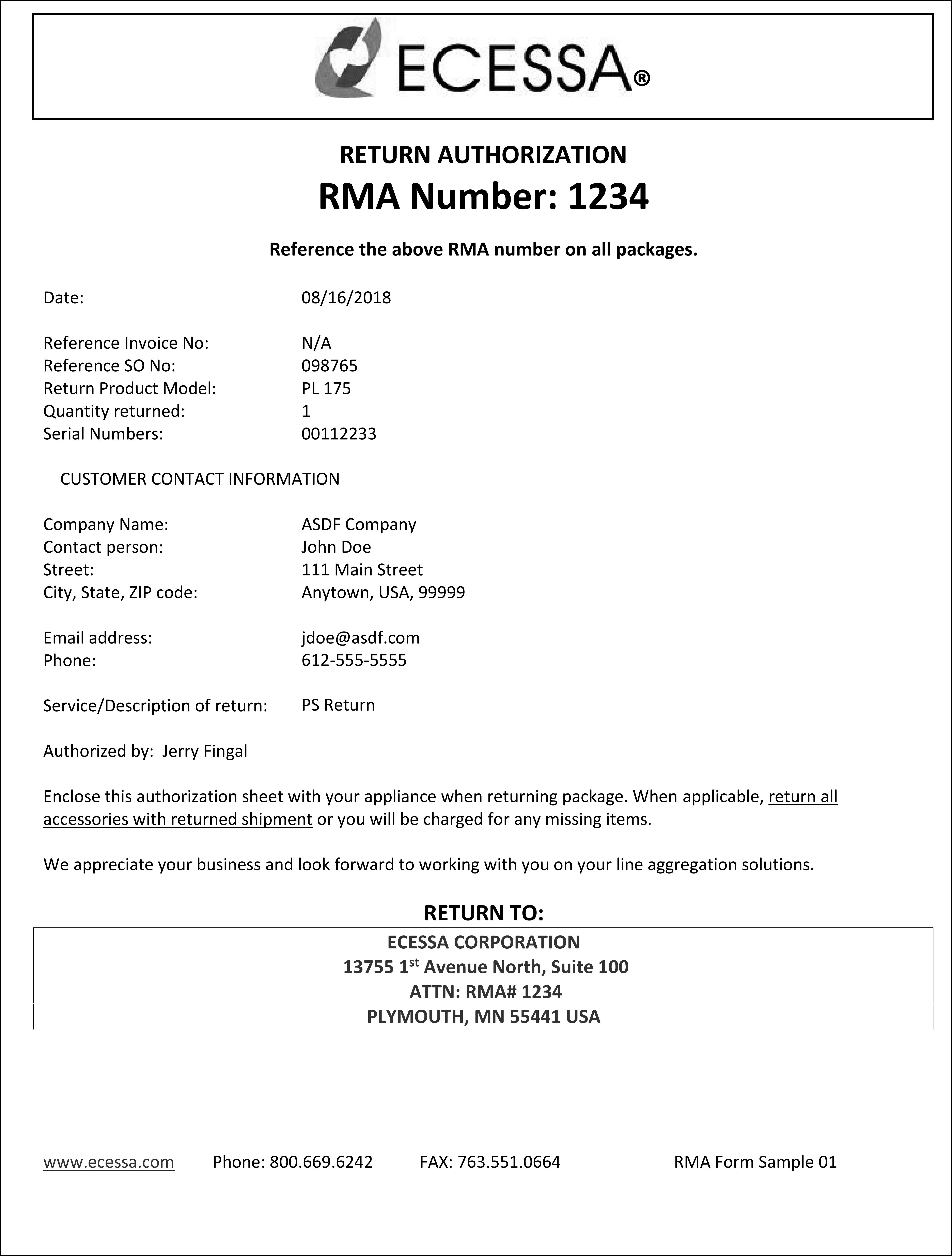 Ecessa RMA Instructions